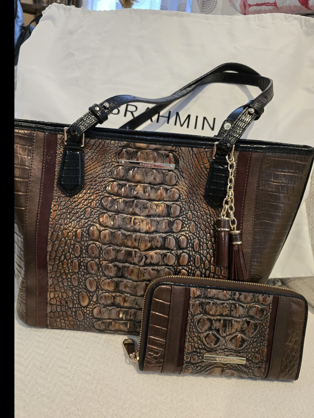 Brahmin Asher Croc-Embossed Leather Tote in Brown